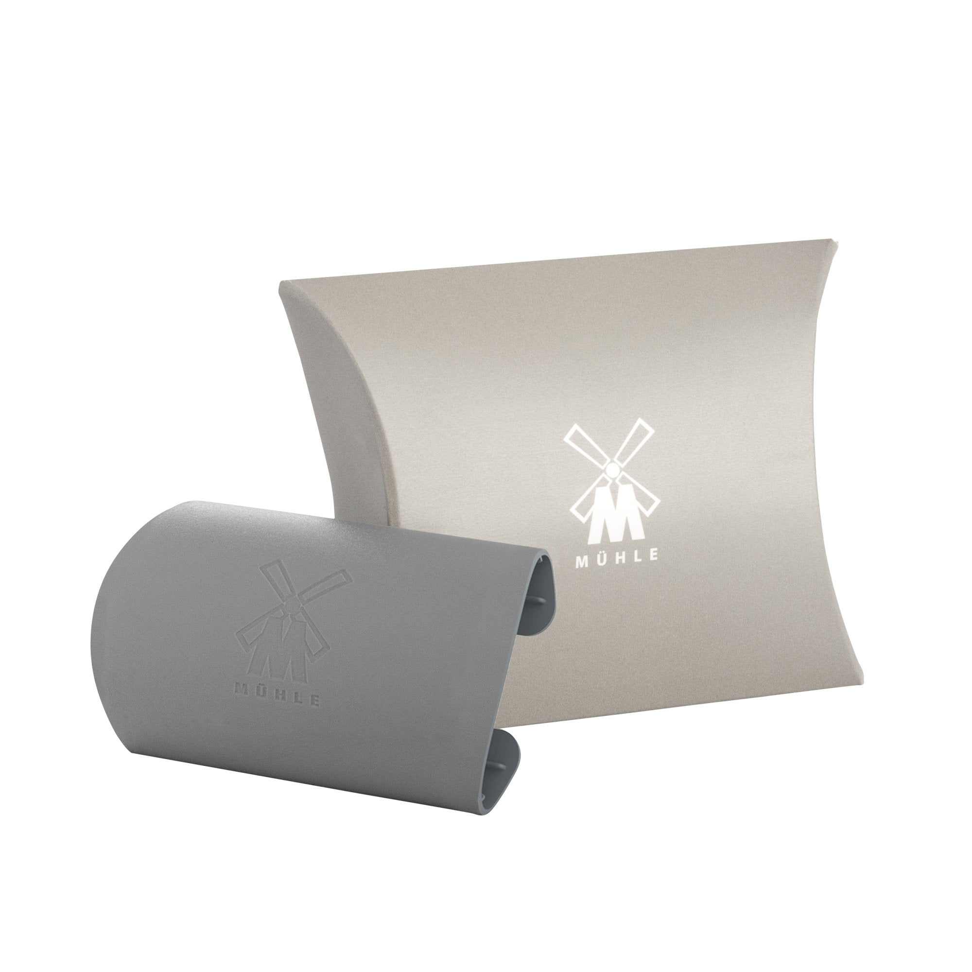 Klingenschutz Rasierhobel Compagnion von Mühle, Schutz für Rasierklinge auf Reisen, grauer Schutzclip mit Logo