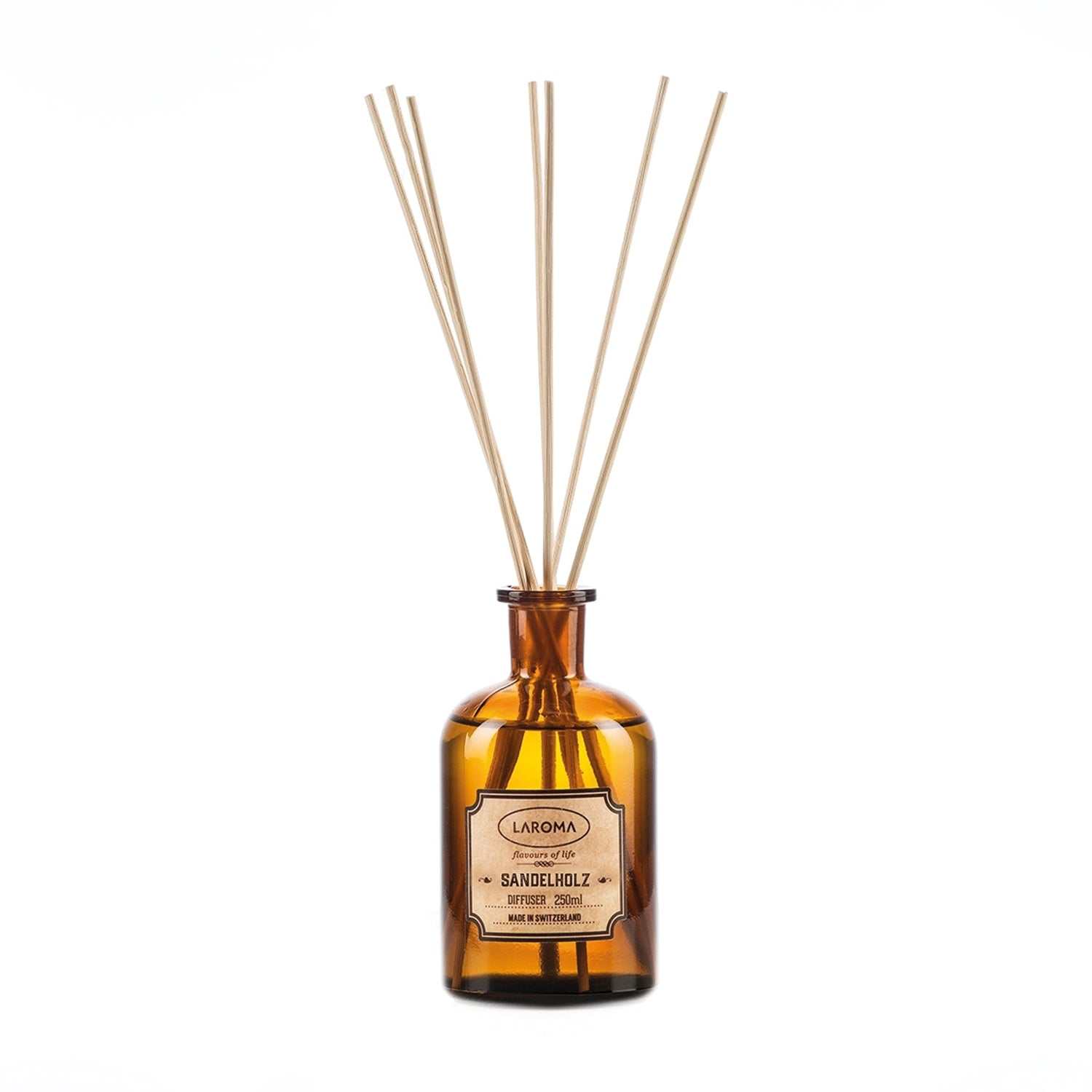 Laroma Diffuser Sandelholz Apothekerflasche mit Rattanstäbchen für entspannenden holzigen Duft