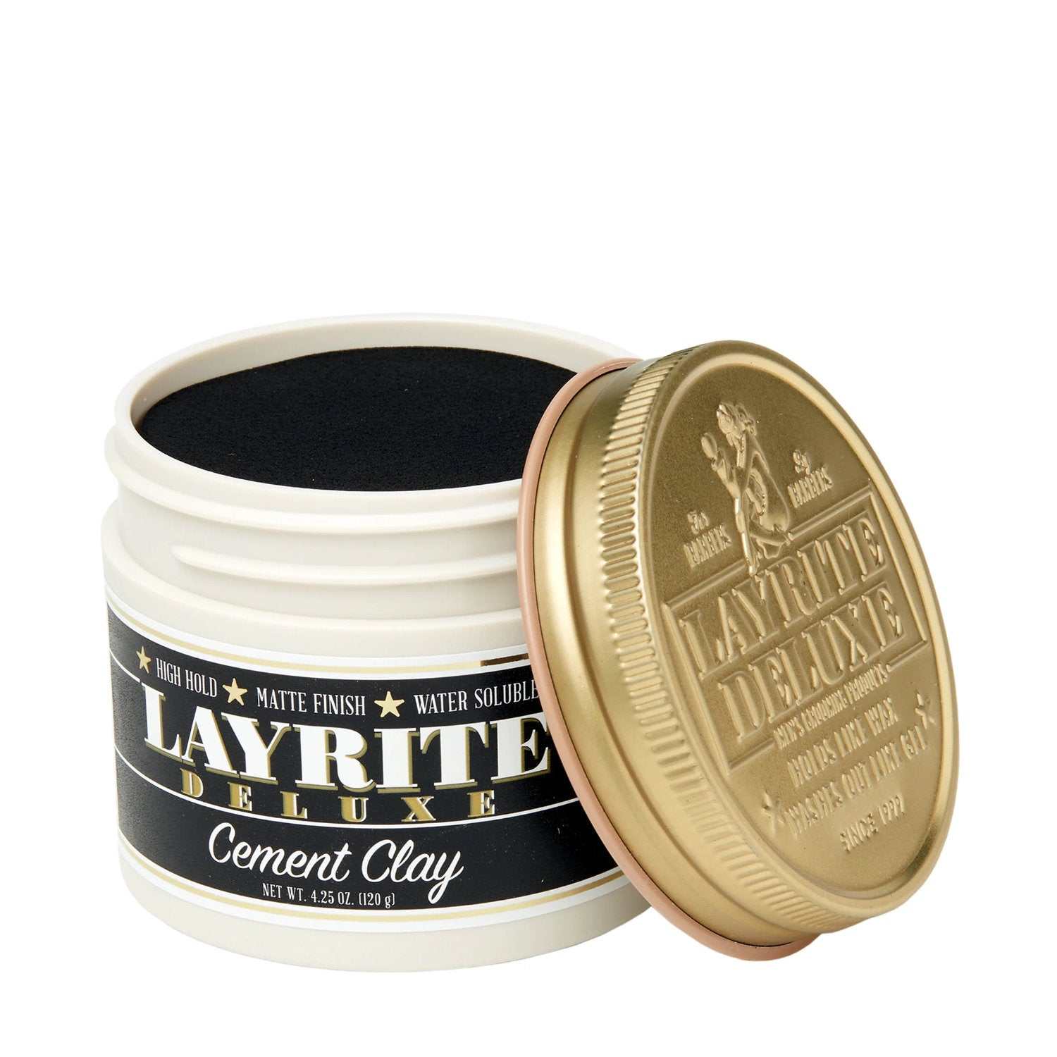 Weißer Tiegel mit Layrite Cement Pomade, mattem Finish und starkem Halt für flexibles Hairstyling.