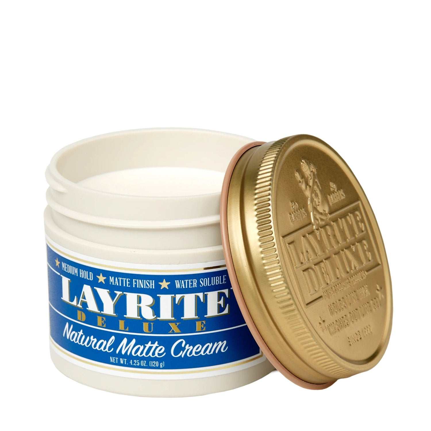 Layrite Pomade Matte Cream für flexiblen Halt mit mattem Finish und natürlichem Look in weißem Tiegel mit goldfarbenem Deckel
