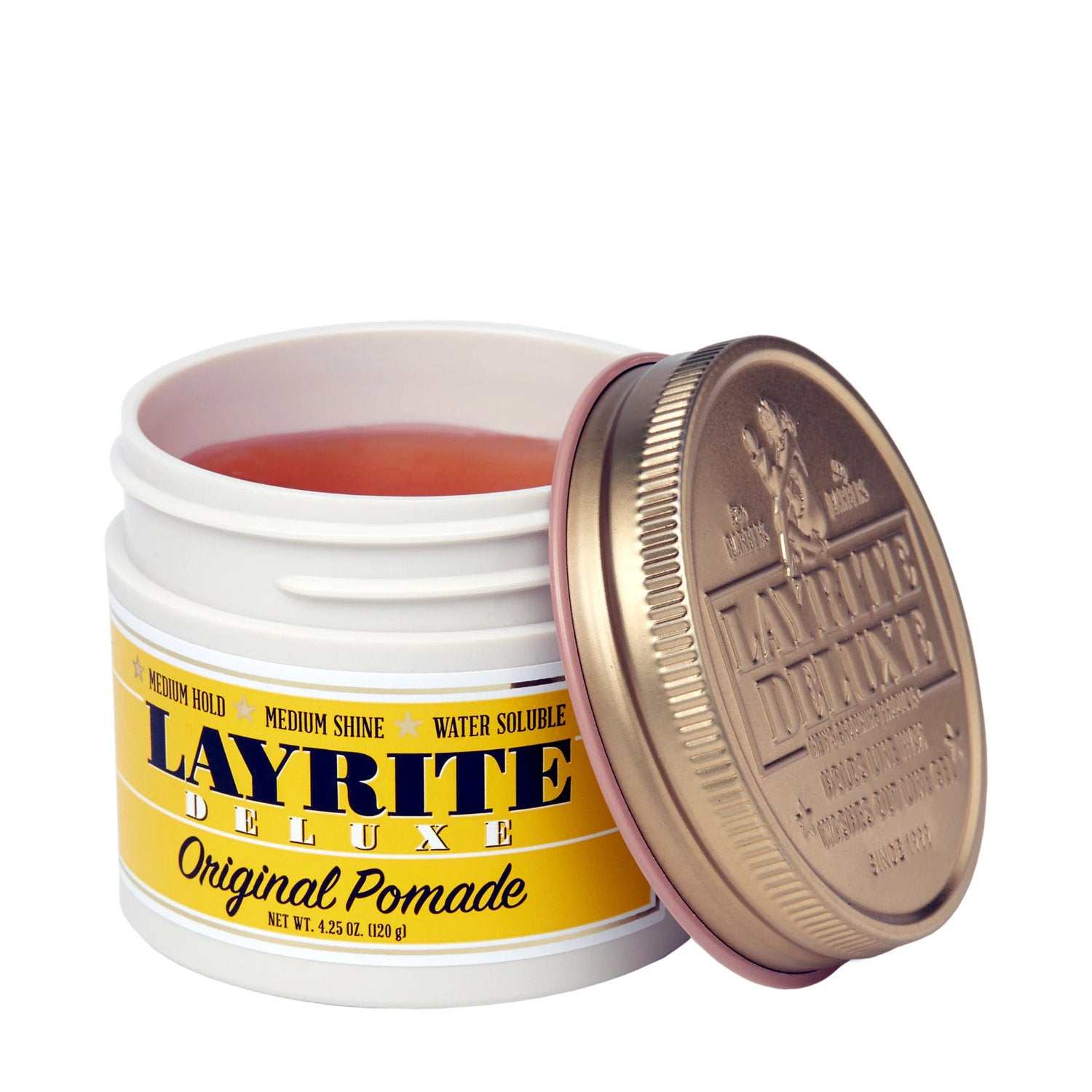 Layrite Original Deluxe Pomade im Dose mit mittlerem Halt und mittlerem Glanz, wasserlöslich und leicht auswaschbar.