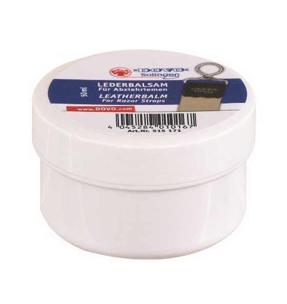 Weißer Behälter mit DOVO Lederbalsam zur Pflege von Abziehriemen und Rasiermessern