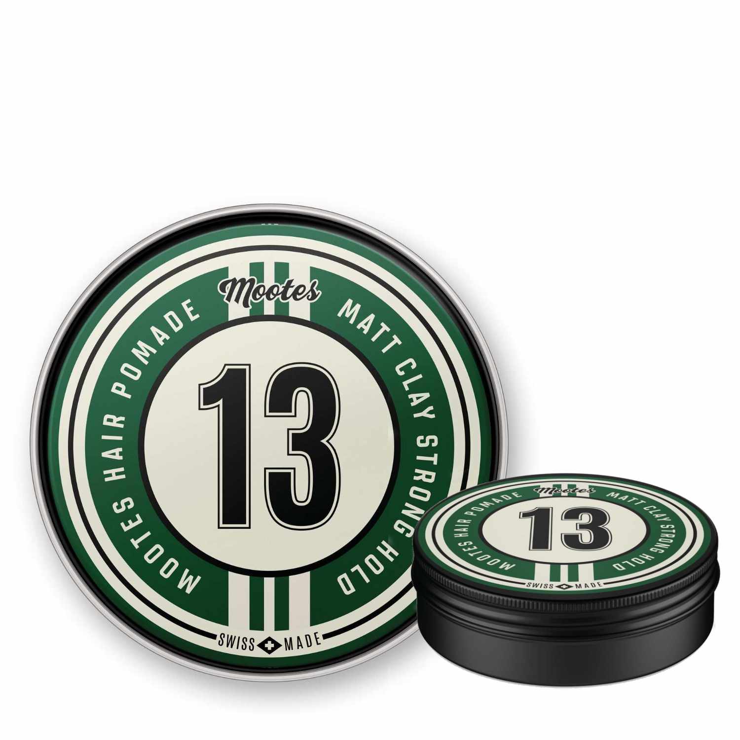 Haarpomade 13 Strong Matt von Mootes mit festem Halt und mattem Finish in schwarzer Dose und grün-weißem Design