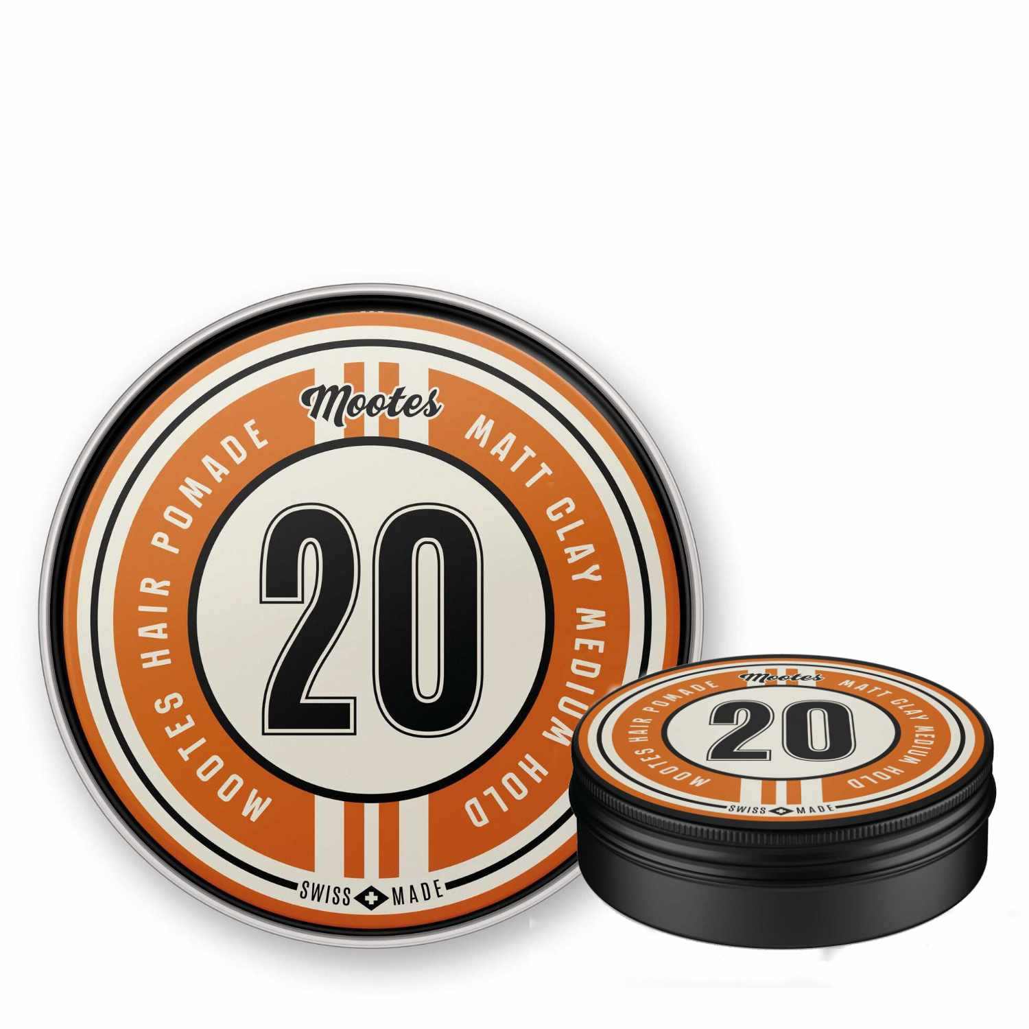 Haarpomade #20 Matt Clay von Mootes mit mittlerem Halt und mattem Finish in runder Dose, ideal für strukturierte Looks.