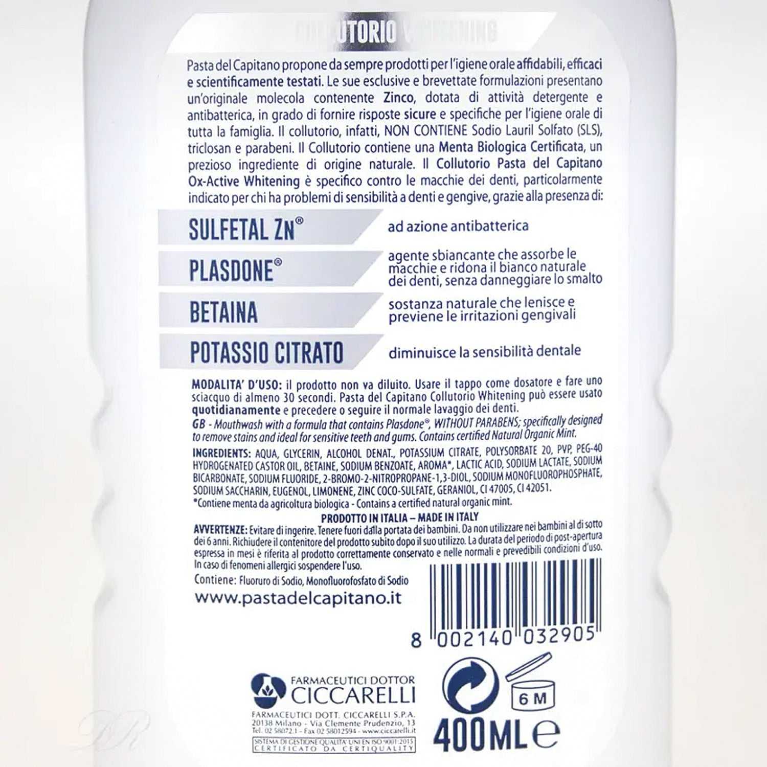 Mundwasser Whitening OX-Active von Pasta del Capitano für schonendes Zahnaufhellen und frischen Atem mit Bio-Minze, sanfte Reinigung und Zahnschmelzschutz.