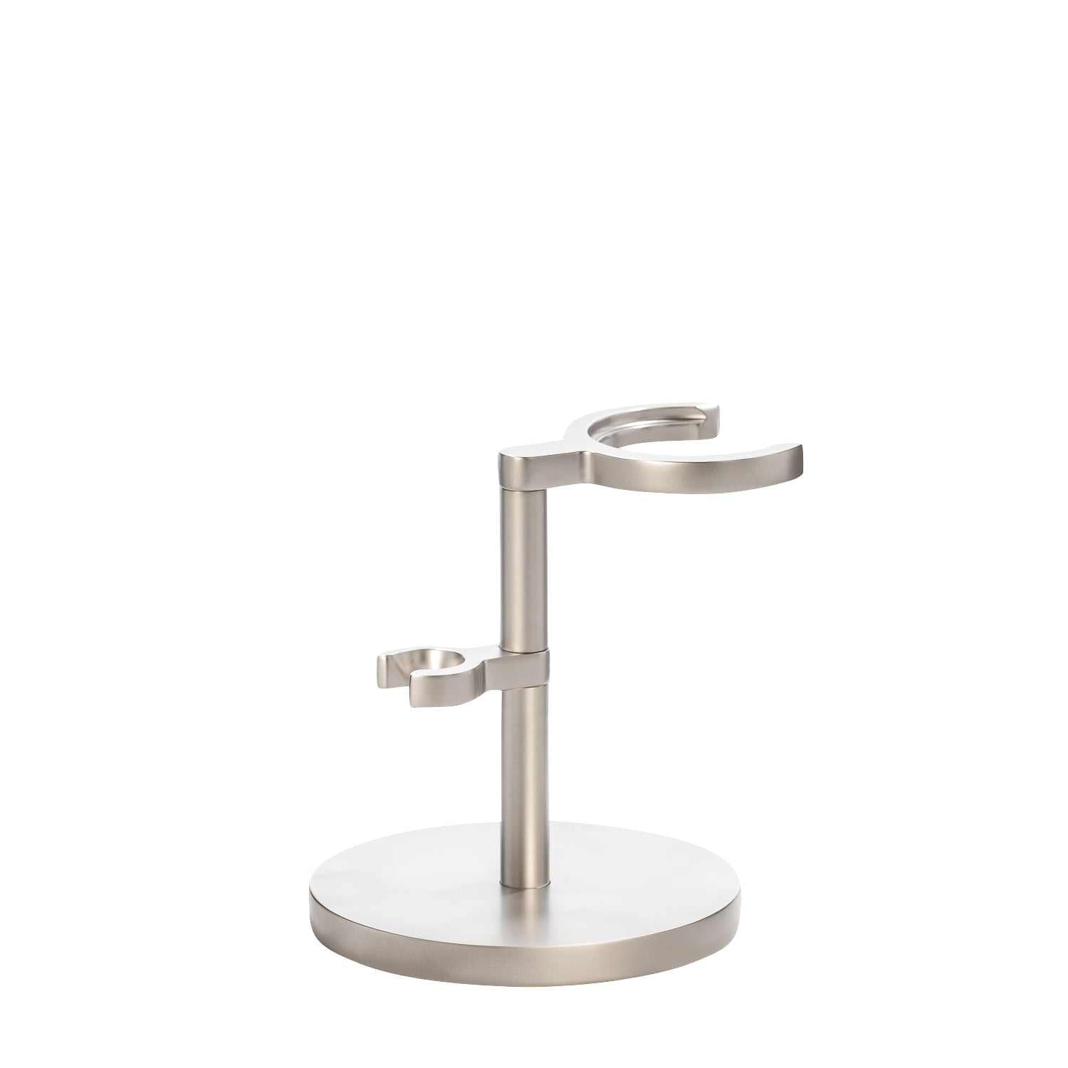 Moderner Rasierhobelständer aus mattem Edelstahl für das Rasierhobelset ROCCA von Mühle