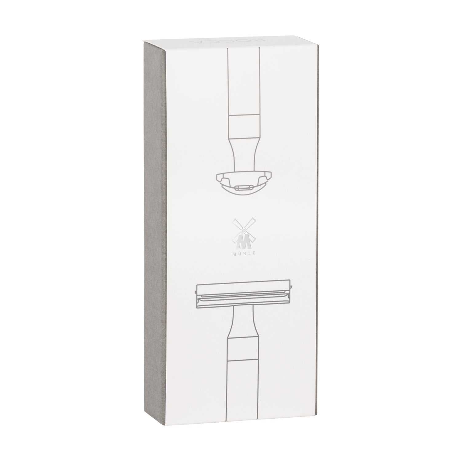 Verpackung des Rasierhobels ROCCA aus mattiertem Edelstahl von Mühle mit minimalistischem Design