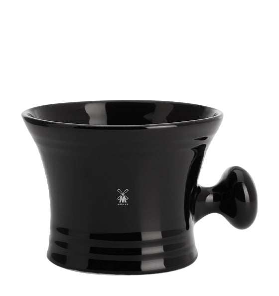 Schwarzer Rasiertiegel aus Porzellan mit Knauf und hohem Rand für Rasierseife von Mühle.