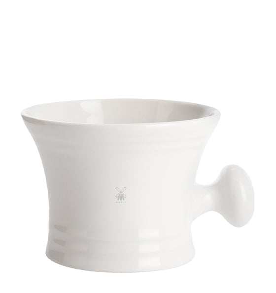 Weißer Rasiertiegel aus Porzellan mit Knauf und extra hohem Rand für Nassrasur und Rasierseife.