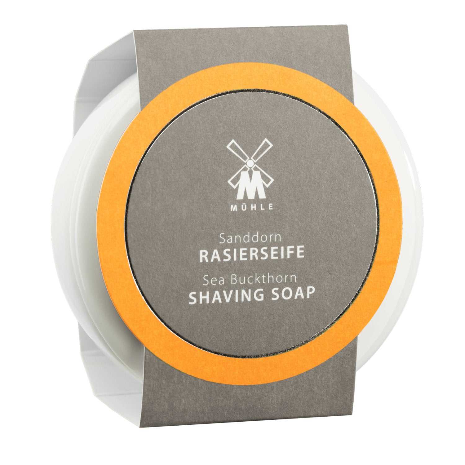 Rasierseife Sanddorn von Mühle in weißer Porzellanschale mit frischem Sanddorn-Duft und pflegender Wirkung für alle Hauttypen
