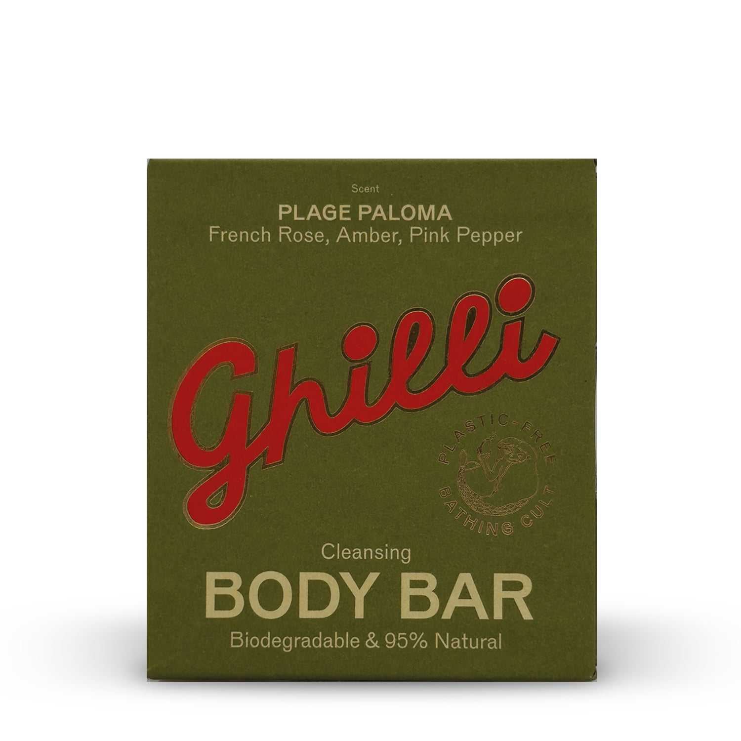 Verpackung des Ghilli Body Bar Plage Paloma mit Duft nach französischer Rose, Bernstein und rosa Pfeffer, natürliche und biologisch abbaubare Reinigung.