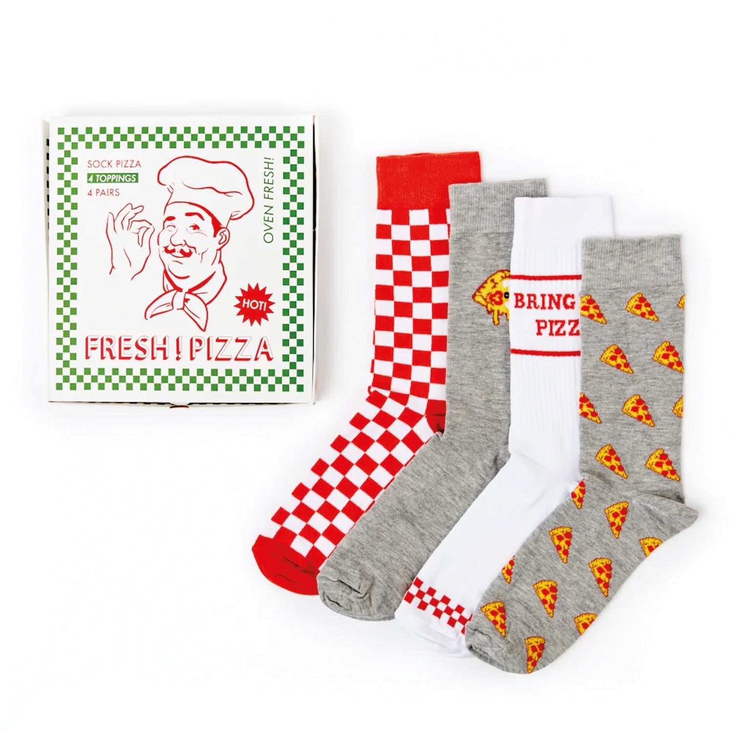 Pizza Socks Gift Set mit vier Paar stylischen Baumwollsocken im Pizza-Design und Geschenkbox im Pizzakarton-Stil