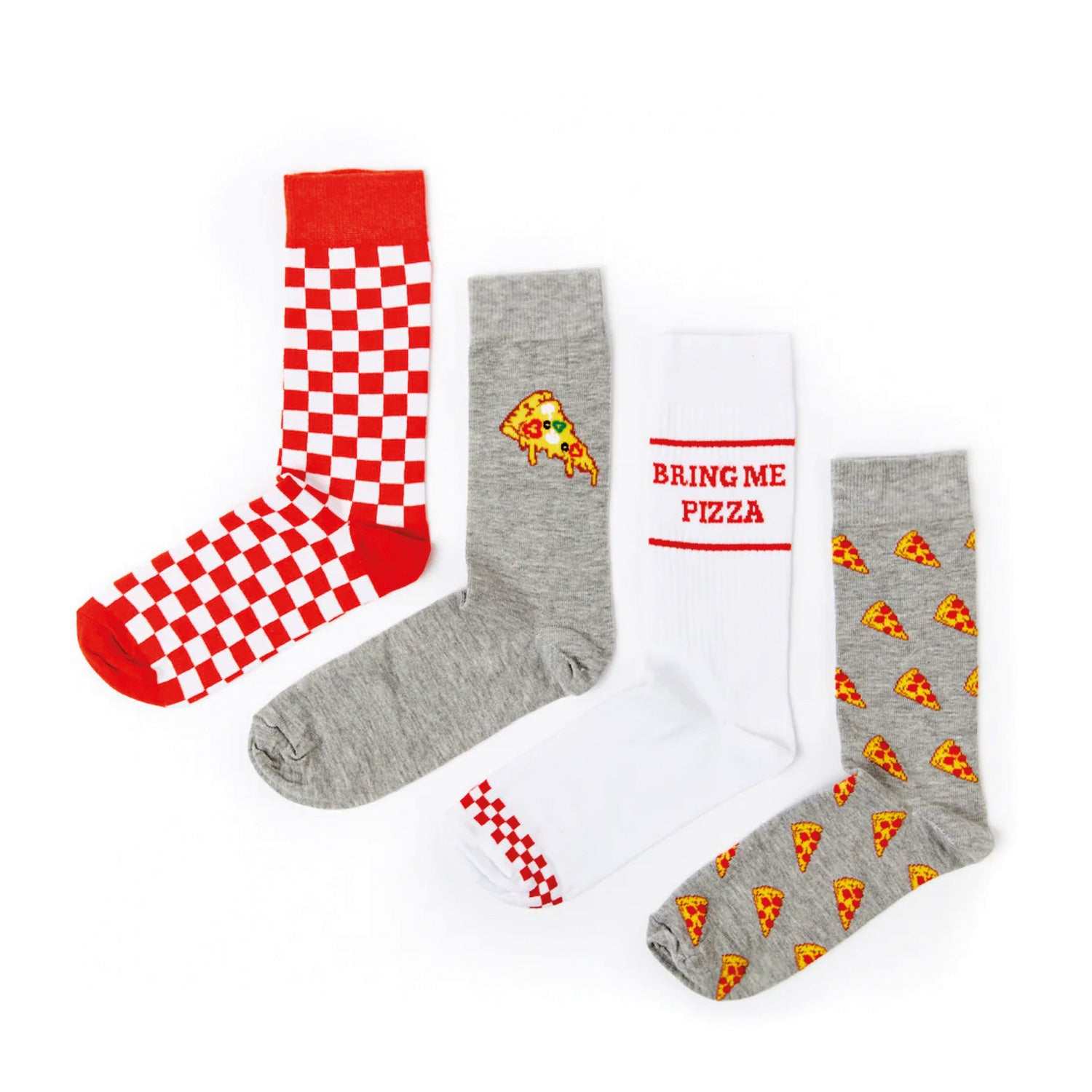 Pizza Socks Gift Set aus vier stylischen Baumwollsocken mit Pizza-Design in Geschenkbox