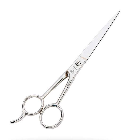 Haarschere 18 cm Premax aus robustem Carbonstahl mit vernickelter Oberfläche und Fingerorthese für präzises Haareschneiden