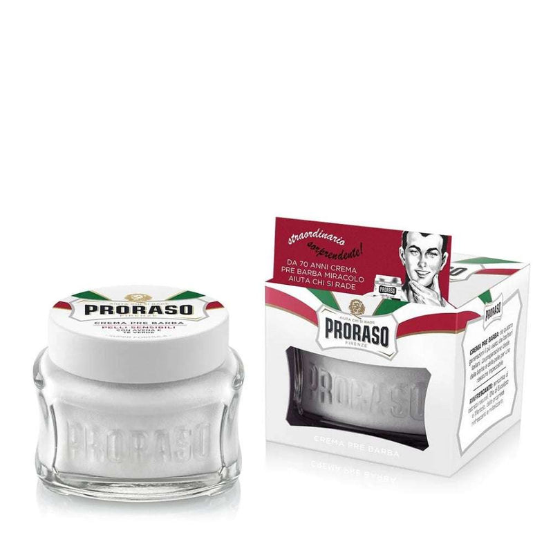 Pre-Shave Cream weisse Linie von Proraso für empfindliche Haut, sanfte Rasur, mit Hafer- und Grüntee-Extrakt, feuchtigkeitsspendend, nicht fettend.