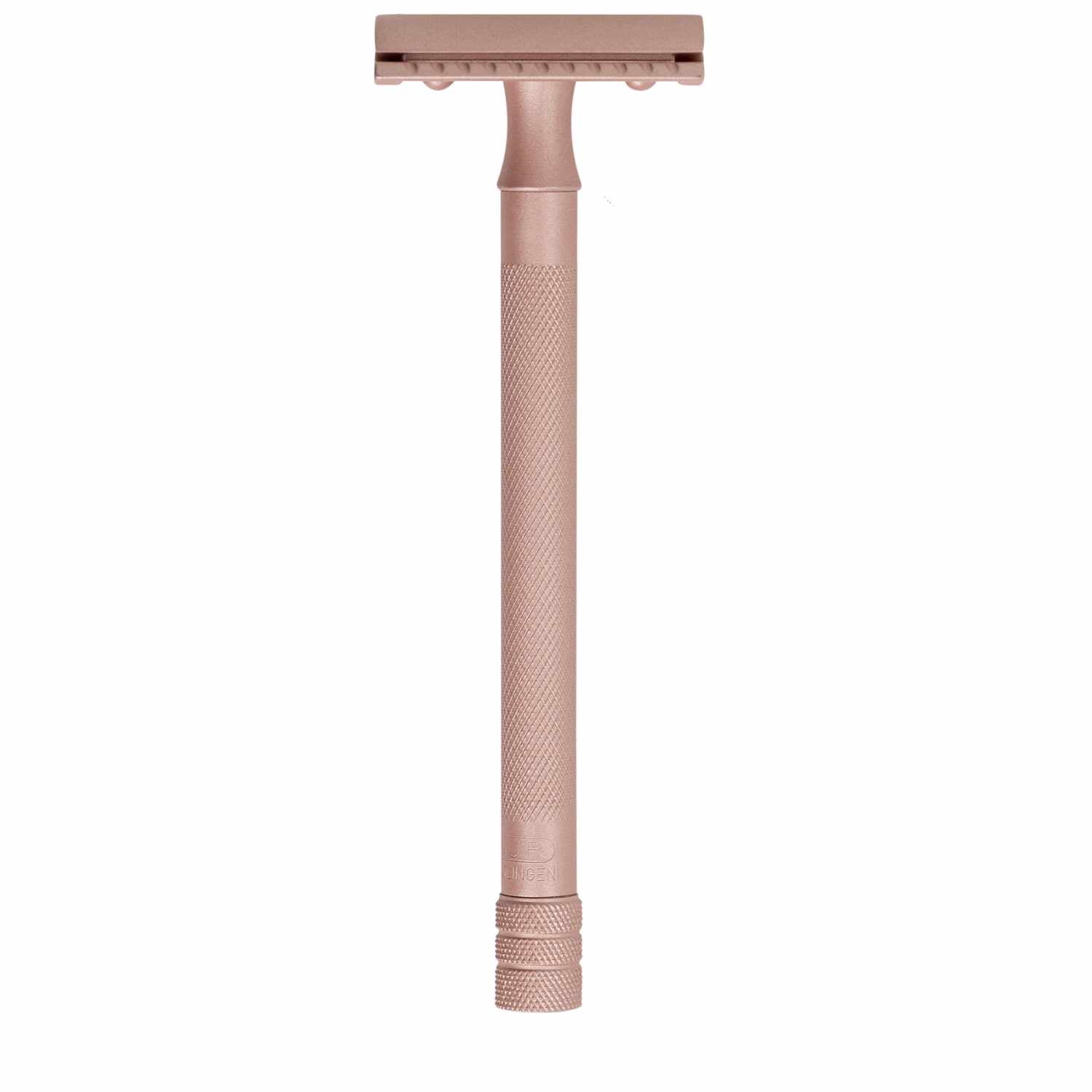 Rasierhobel 24G Roségold mit extra langem, ziseliertem Griff von Merkur, ideal für Körperrasur bei Männern und Frauen.