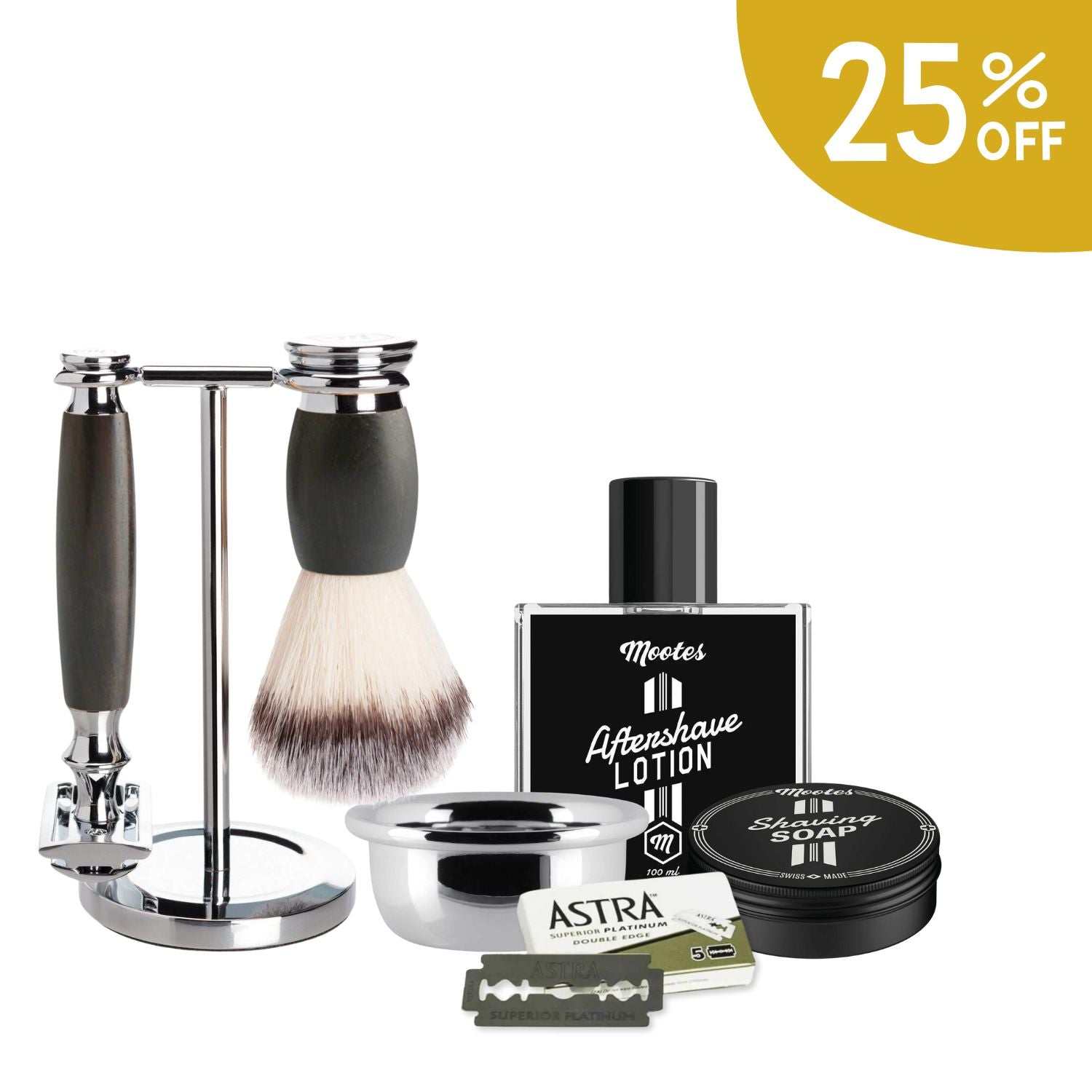 Rasierhobelset mit Holzgriff aus Oliven- und Eisenholz mit Rasierpinsel, Rasierschale, Aftershave-Lotion und Rasierseife in Premium-Qualität