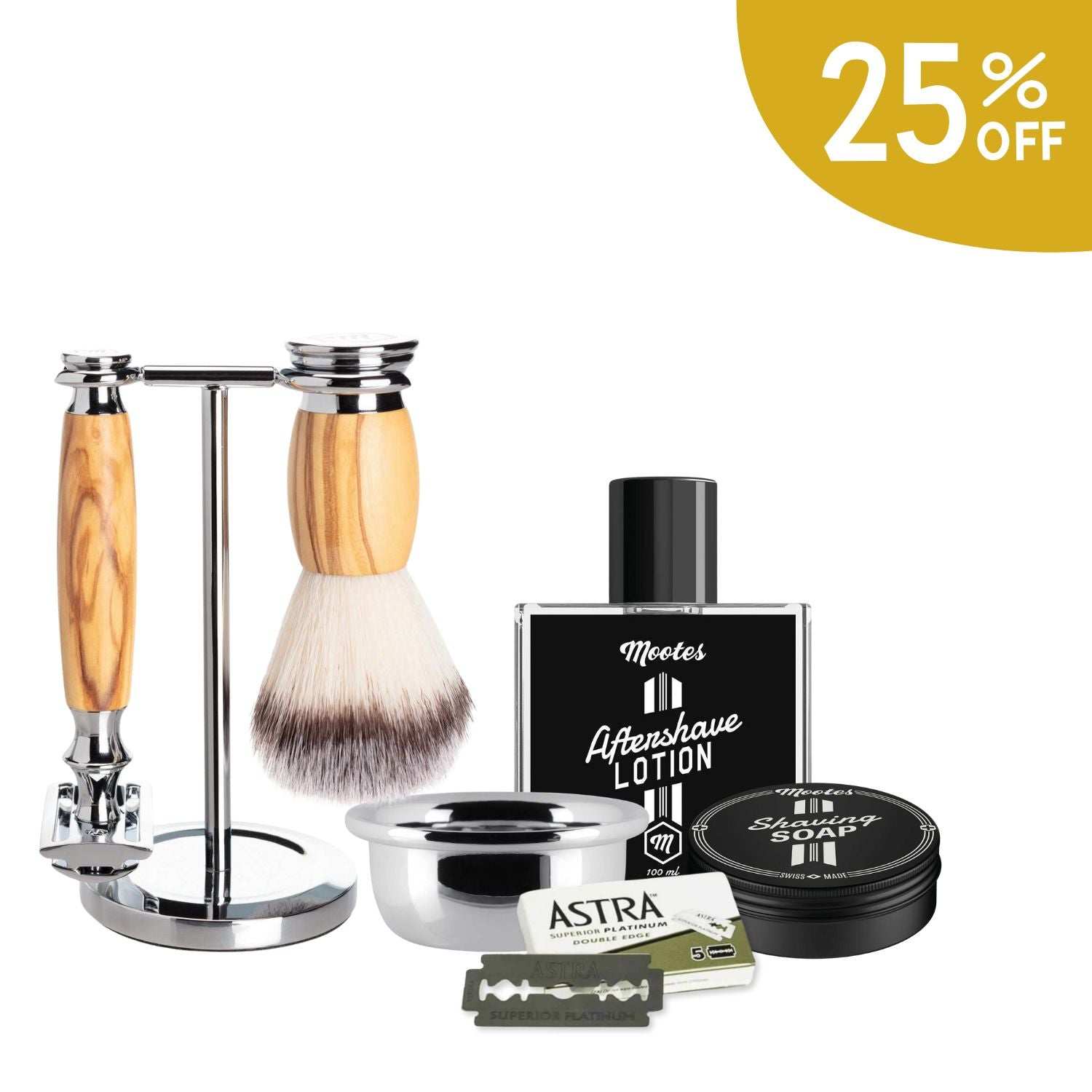 Rasierhobelset mit Holzgriff aus Olivenholz, Rasierpinsel, Rasierschale, Aftershave-Lotion und Rasierseife im Set