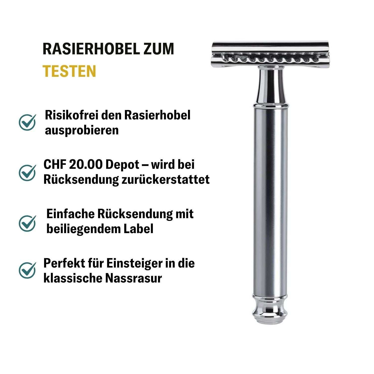 Rasierhobel zum Testen aus Metall, ideal für Einsteiger in die klassische Nassrasur, risikofrei mit Depot und Rücksendemöglichkeit