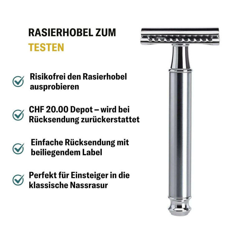 Rasierhobel zum Testen aus Metall, ideal für Einsteiger in die klassische Nassrasur, risikofrei mit Depot und Rücksendemöglichkeit