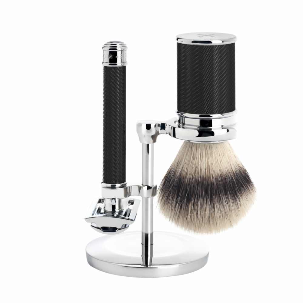 Rasierhobelset Traditional schwarz mit Pinsel und Ständer von Mühle elegant und hochwertig