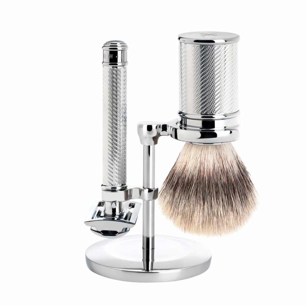 Rasierhobelset Traditional silber von Mühle mit Rasierhobel, Pinsel und Ständer, edles Nassrasur-Set