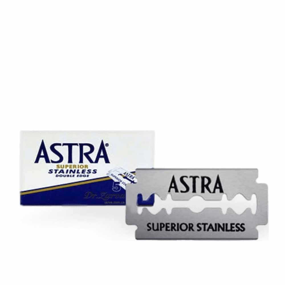 Rasierklingen Superior Stainless - Astra mit scharfer Klinge für gründliche Rasur, Verpackung und einzelne Edelstahlklinge sichtbar