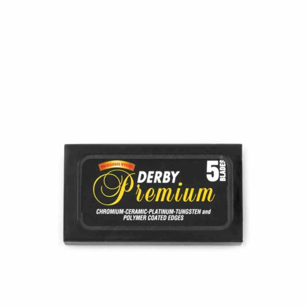Verpackung der Rasierklingen Premium - Derby mit fünf scharfen, beschichteten Klingen für eine sanfte und gründliche Rasur.