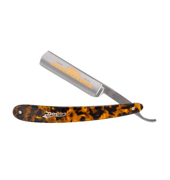 Rasiermesser Dovo mit Rundkopf 5/8" und Griff aus Schildpattimitat, Klinge aus goldverziertem Silberstahl für präzise und sanfte Nassrasur
