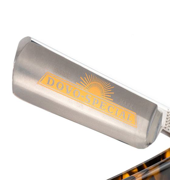 Rasiermesser mit Rundkopf 5/8 Zoll von Dovo, Silberstahlklinge mit goldener Verzierung und Schildpattimitatgriff, vollhohlschliff für präzise Nassrasur.