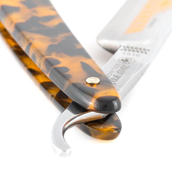 Dovo Rasiermesser mit Rundkopf 5/8 Zoll und Griff aus Schildpattimitat, goldverzierte Silberstahlklinge, klassische Nassrasur.