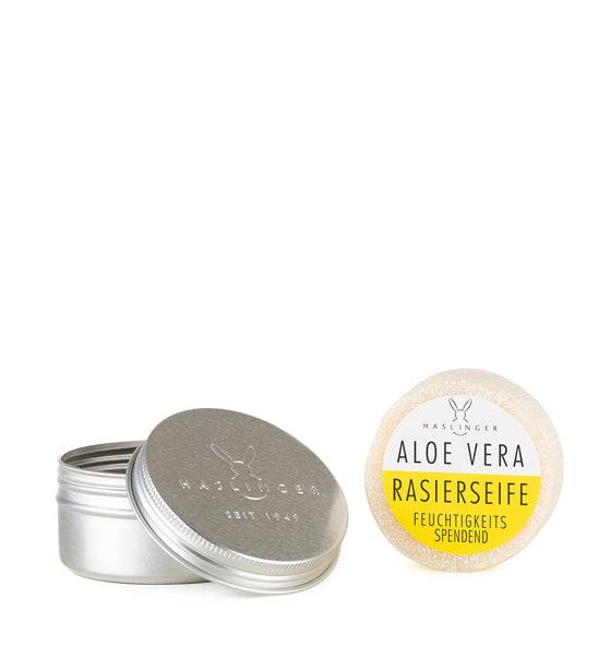 Rasierseife Aloe Vera Haslinger in Dose für feuchtigkeitsspendenden, pflegenden und dichten Rasierschaum bei klassischer Nassrasur