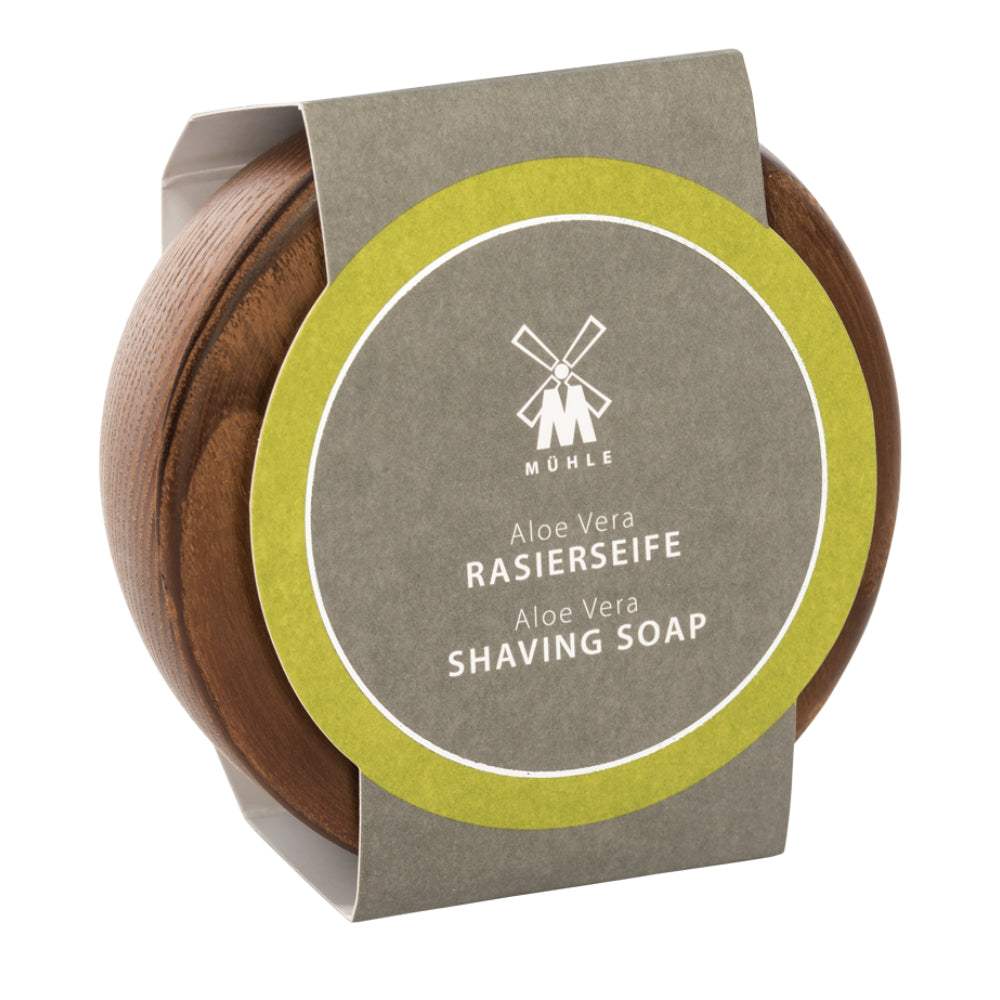 Rasierseife Aloe Vera in Holzschale von Mühle für pflegende, sanfte Rasur mit feuchtigkeitsspendendem Aloe-Vera-Extrakt und dekorativer Thermo-Esche.