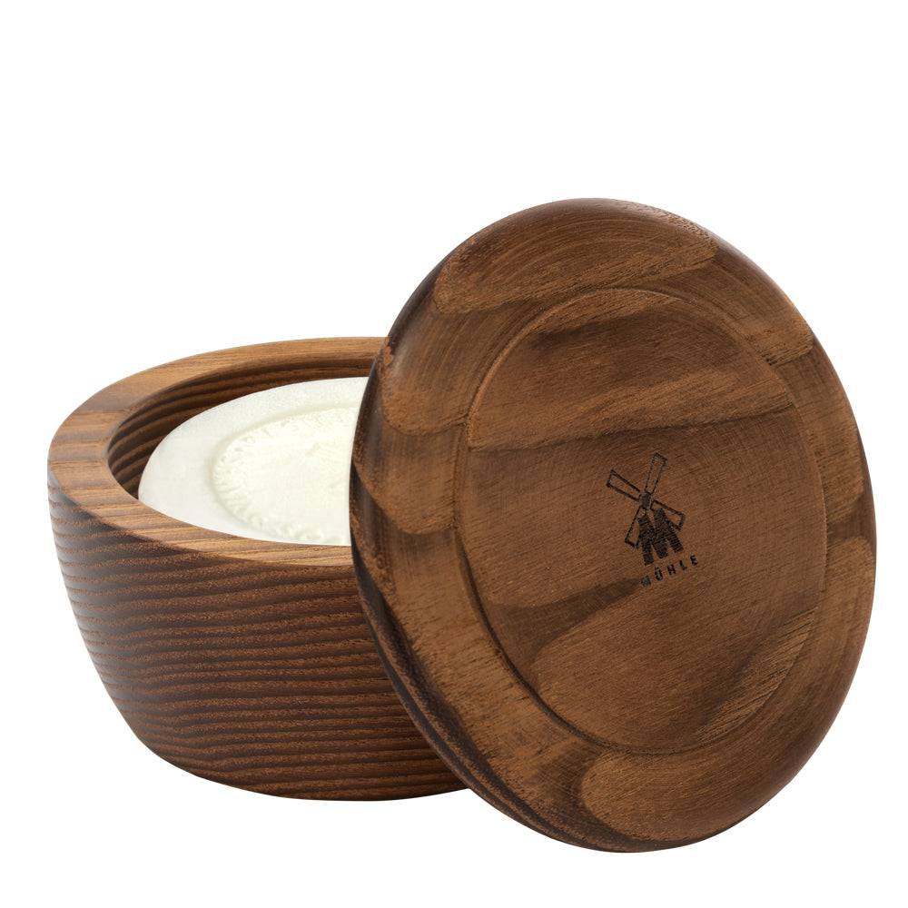 Rasierseife Sandelholz in Holzschale von Mühle mit cremigem Schaum und aromatischem Duft aus Sandelholzöl und Gewürznoten in dekorativer Thermo-Esche-Schale