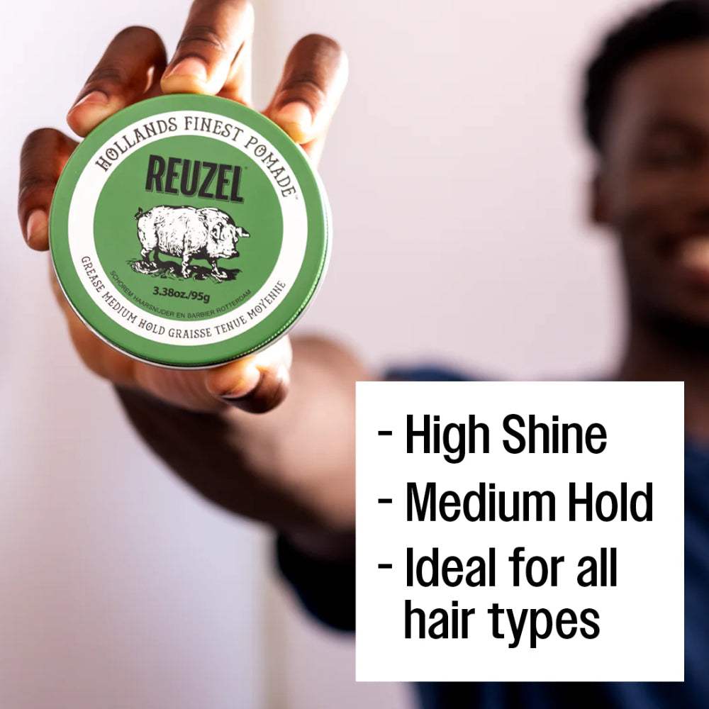 Reuzel Haarpomade Green Grease mit mittelfestem Halt, Bienenwachs, Teebaumöl und frischem Apfelduft für einfaches Styling und leichte Auswaschbarkeit.