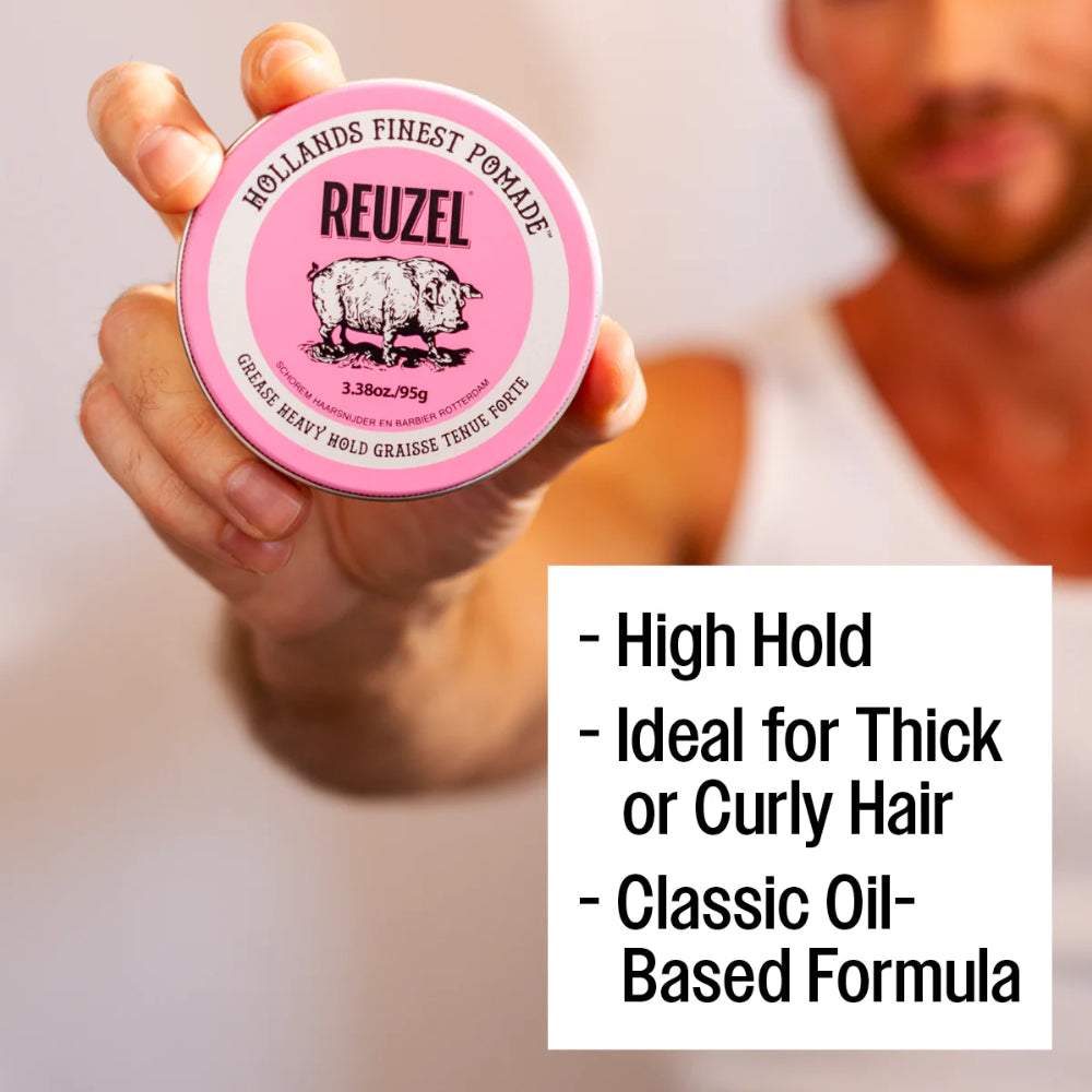 Reuzel Haarpomade Pink Grease mit starkem Halt, ideal für dickes und lockiges Haar, vaselinebasierte Formel mit aromatischem Kaugummi-Duft.