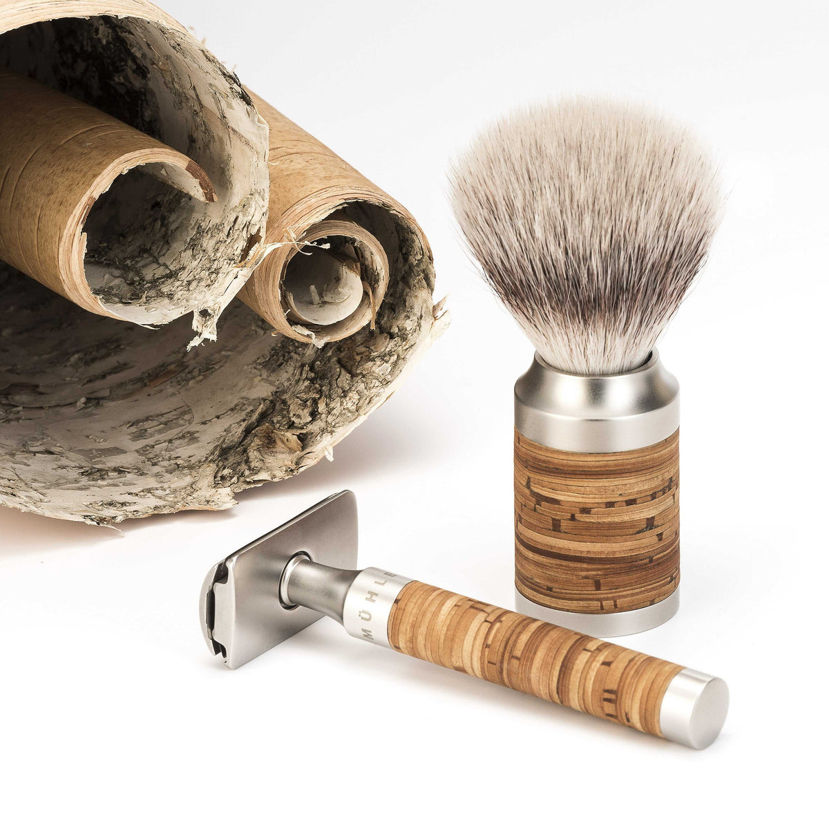 Coffret rasoir de sûreté ROCCA en acier inoxydable, écorce de bouleau – Mühle