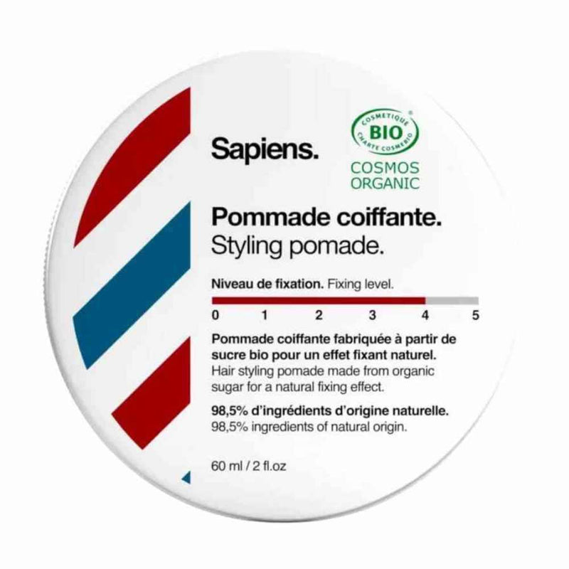 Sapiens Bio Styling Pomade mit natürlichem Halt, Bio-Zucker, Bio-Kakaobutter und frischem Minzduft, 60 ml, COSMOS Organic zertifiziert.