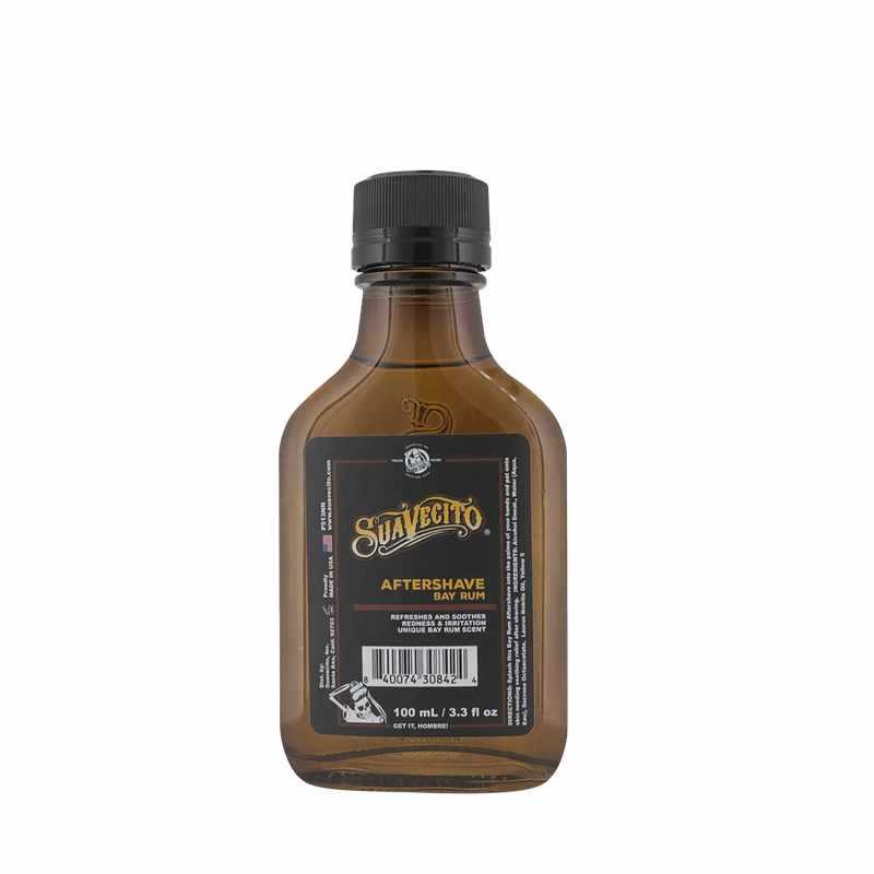 Aftershave Lotion Bay Rum - Suavecito in brauner Flasche mit klassischem, männlichem Duft zur Hautpflege nach der Rasur.