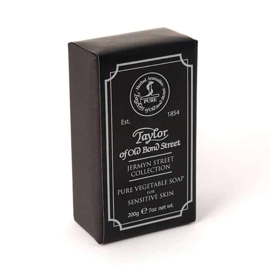 Duschseife Jermyn Street von Taylor of Old Bond Street, pflanzliche Seife für empfindliche Haut mit frischem, maskulinem Duft aus Bergamotte, Limette, Lavendel und Patchouli, dreifach gemahlen.