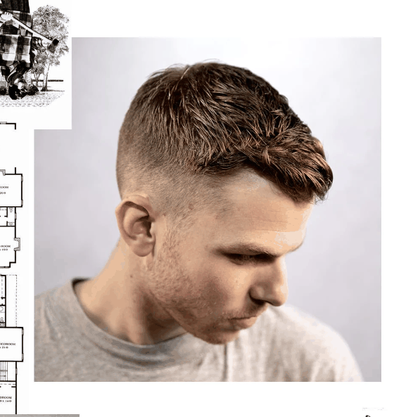 Mann mit texturiertem, mattem und zerzaustem Haarschnitt gestaltet mit Haarpomade Featherweight - Uppercut Deluxe.