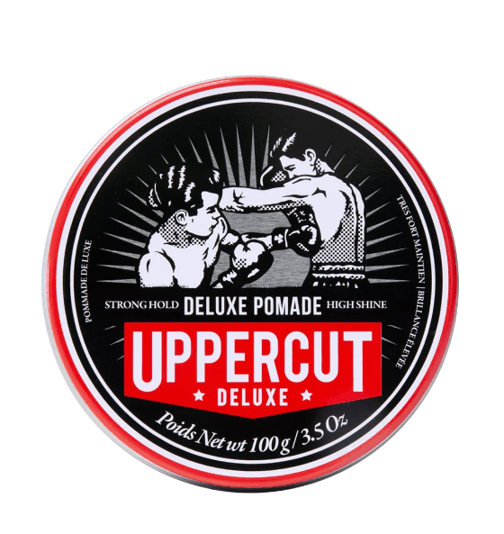 Haarpomade Deluxe Pomade Uppercut Deluxe im runden Dosen-Design mit kräftigem Halt und dezentem Duft nach Karamell und Kokosnuss für vielseitiges Haarstyling
