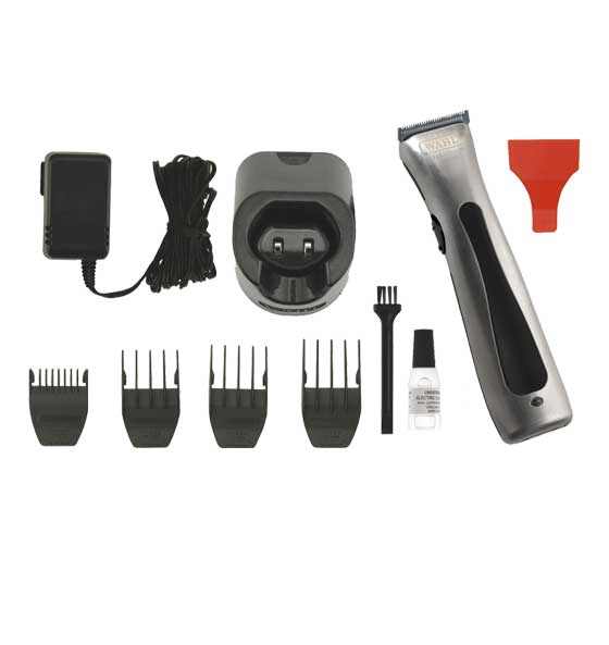 Haarschneidemaschine Detailer Beret WAHL mit Lithium-Ionen Akku, Aufsteckkämmen, Ladeständer und Pflegezubehör in gebürstetem Chromfinish