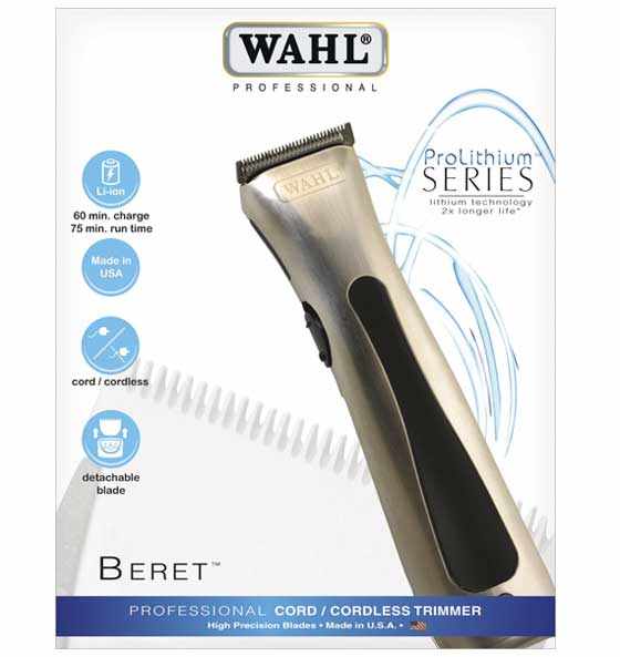 WAHL Trimmer Detailer Beret mit Lithium-Ionen Akku, kabellos, ergonomisch, Präzisionsklinge, 75 Minuten Laufzeit, 4 Aufsteckkämme, Reinigungsset inklusive