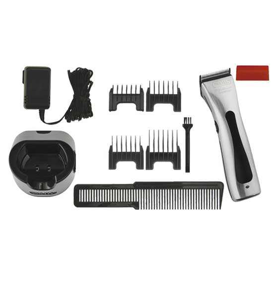 Haarschneidemaschine Beretto WAHL mit 4 Aufsteckkämmen, Ladeständer, Reinigungsbürste und Kamm in gebürstetem Chrom-Finish