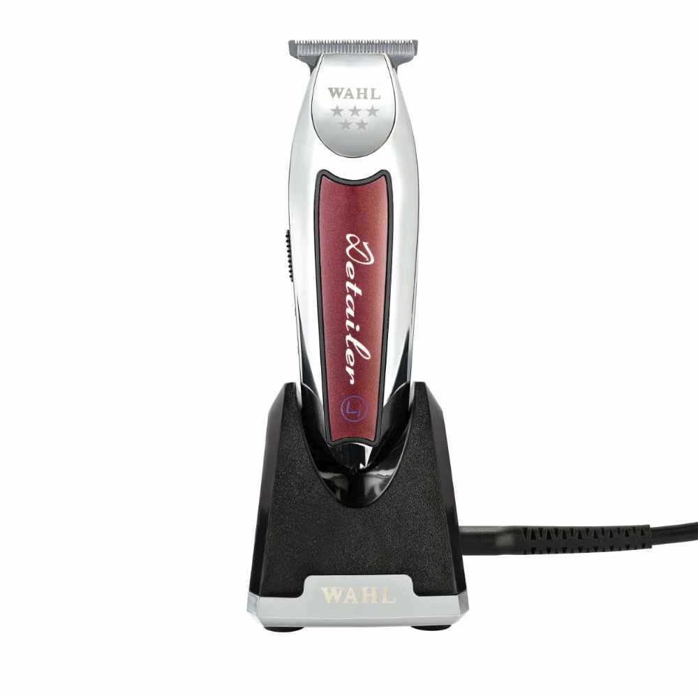 Kabelloser WAHL Detailer Trimmer mit Lithium-Ionen-Akku, T-Blade für präzise Konturen, inkl. Ladestation und Zubehör.
