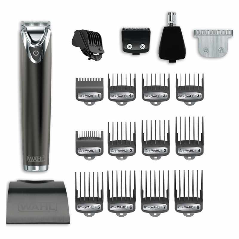 Wahl Bart- und Body Trimmer aus Edelstahl mit 4 Aufsätzen und 15 Kammaufsätzen für präzises Styling von Haar, Bart und Körperhaaren.