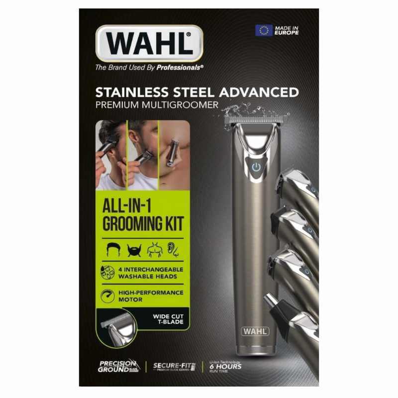 Bart- und Body Trimmer WAHL aus Edelstahl mit 4 austauschbaren Köpfen und leistungsstarkem Motor zum präzisen Trimmen von Haaren, Bart und Körperhaaren.