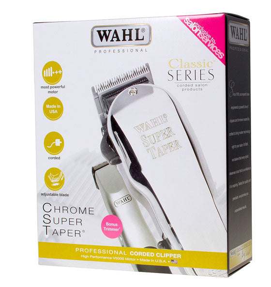 Haarschneidemaschine Super Taper Chrome von WAHL mit Chrom-Finish und verstellbarem Schneidsatz für präzise Schnitte.