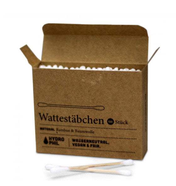 Wattestäbchen aus Bambus und Baumwolle von Hydrophil, biologisch abbaubar, vegan, wasserneutral, 100 Stück im Recyclingkarton.